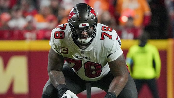 Nov 4, 2024; Kansas City, Missouri, USA; Tampa Bay Buccaneers offensive tackle Tristan Wirfs (78) at the line of scrimmage against the Kansas City Chiefsduring the game at GEHA Field at Arrowhead Stadium. Mandatory Credit: Denny Medley-Imagn Images