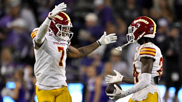 Nov 8, 2025; Fort Worth, Texas, USA; Iowa State Cyclones defensive back Tre Bell (7) and defensive back Quentin Taylor (24) celebrate during the second half against the TCU Horned Frogs at Amon G. Carter Stadium.