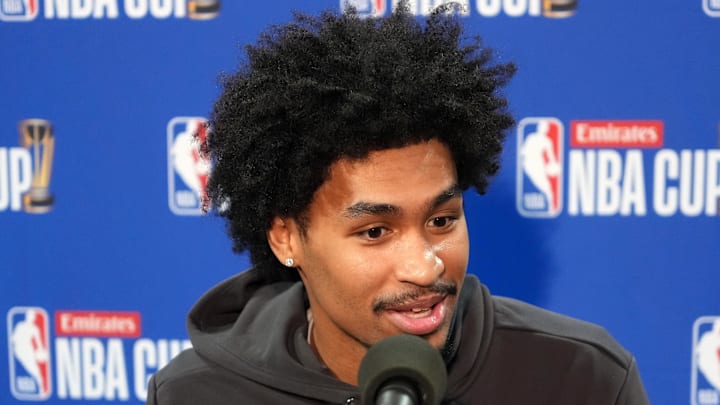 Dec 15, 2025; Las Vegas, NV, USA; San Antonio Spurs guard Dylan Harper (2) at press conference prior to the Emirates NBA Cup championship at the T-Mobile Arena. Mandatory Credit: Kirby Lee-Imagn Images Dec 15, 2025; Las Vegas, NV, USA; San Antonio Spurs guard Dylan Harper (2) at press conference prior to the Emirates NBA Cup championship at the T-Mobile Arena. Mandatory Credit: Kirby Lee-Imagn Images