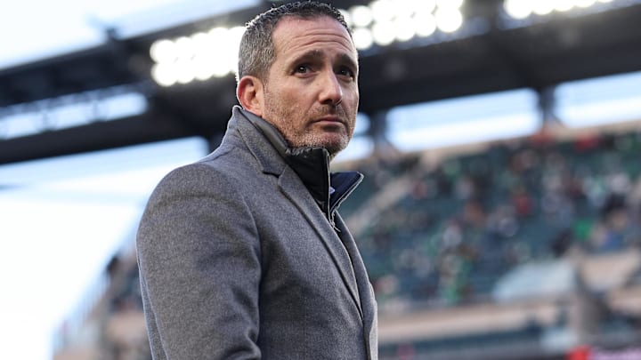 Jan 11, 2026; Philadelphia, PA, USA; Philadelphia Eagles general manager Howie Roseman looks on during warmups prior to an NFC Wild Card Round game against the San Francisco 49ers at Lincoln Financial Field. 
