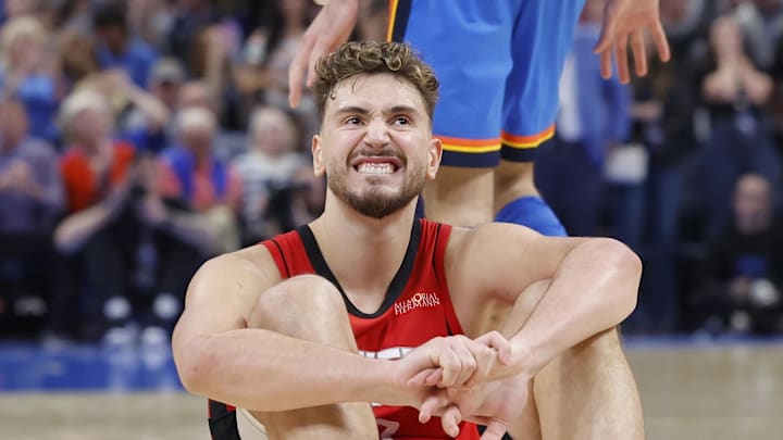Oct 21, 2025; Oklahoma City, Oklahoma, USA; Houston Rockets center Alperen Sengun (28) reacts as overtime is forced in a game against the Oklahoma City Thunder at Paycom Center. Mandatory Credit: Alonzo Adams-Imagn Images