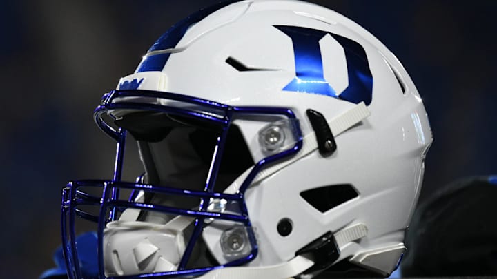 Sep 10, 2021; Durham, North Carolina, USA; A Duke Blue Devils helmet sits on an equipment chest during the third quarter of the game against the North Carolina A&T Aggies at Wallace Wade Stadium. Mandatory Credit: William Howard-Imagn Images