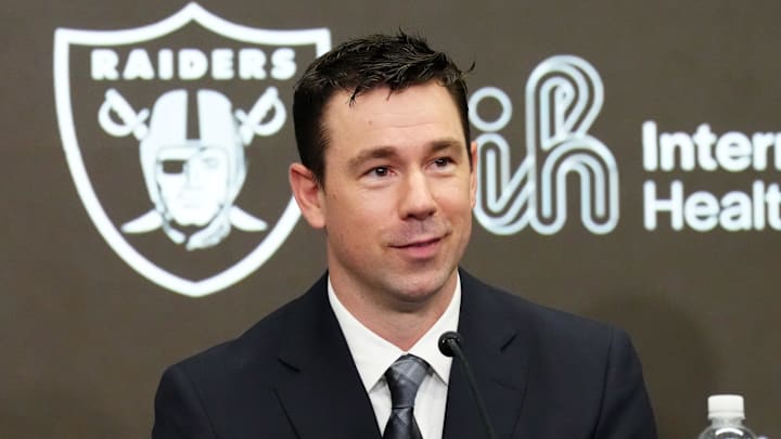 Feb 10, 2026; Henderson, NV, USA; Las Vegas Raiders coach Klint Kubiak speaks at introductory press conference at Intermountain Health Performance Center. Mandatory Credit: Kirby Lee-Imagn Images