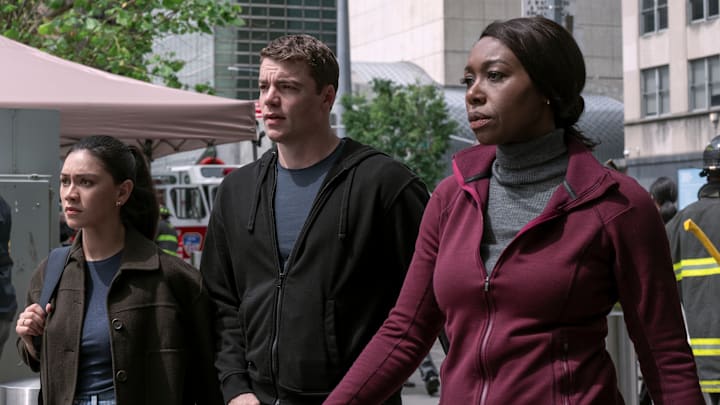 The Night Agent. (L to R) Luciane Buchanan as Rose Larkin, Gabriel Basso as Peter Sutherland, Amanda Warren as Catherine in episode 210 of The Night Agent