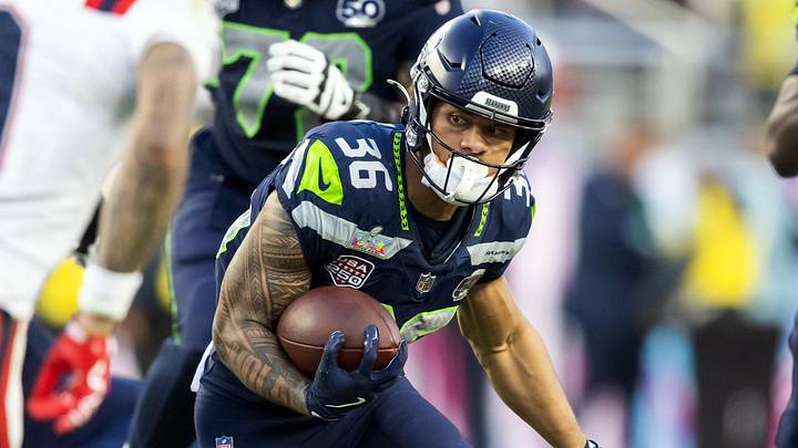 Feb 8, 2026; Santa Clara, CA, USA; Seattle Seahawks running back George Holani (36) against the New England Patriots during Super Bowl LX at Levi's Stadium. Mandatory Credit: Mark J. Rebilas-Imagn Images