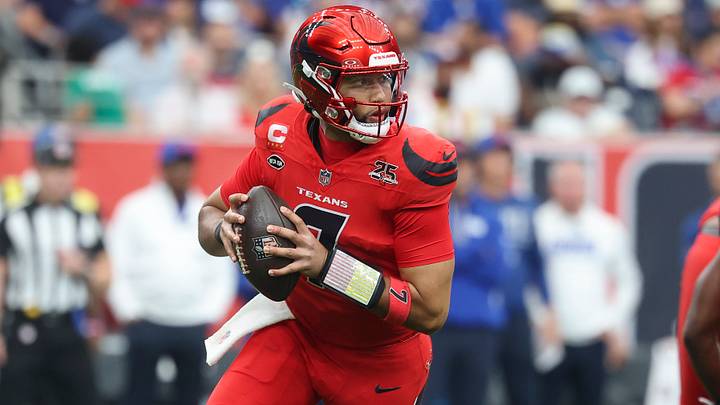 Oct 25, 2026; Houston, Texas, USA;  Houston Texans quarterback C.J. Stroud (7) rolls out of the pocket on a play during the third quarter against the New York Giants at Reliant Stadium.  Mandatory Credit: Troy Taormina-Imagn Images