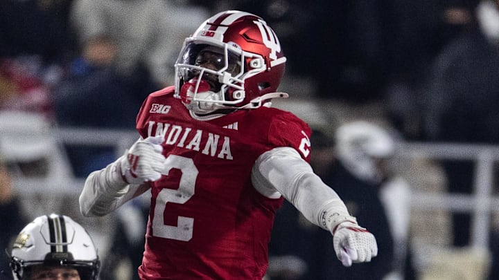 Nov 30, 2024; Bloomington, Indiana, USA; Indiana Hoosiers linebacker Jailin Walker (2) celebrates the sack of Purdue Boilermakers quarterback Ryan Browne (15) in the second half at Memorial Stadium. Mandatory Credit: Trevor Ruszkowski-Imagn Images Nov 30, 2024; Bloomington, Indiana, USA; Indiana Hoosiers linebacker Jailin Walker (2) celebrates the sack of Purdue Boilermakers quarterback Ryan Browne (15) in the second half at Memorial Stadium. Mandatory Credit: Trevor Ruszkowski-Imagn Images