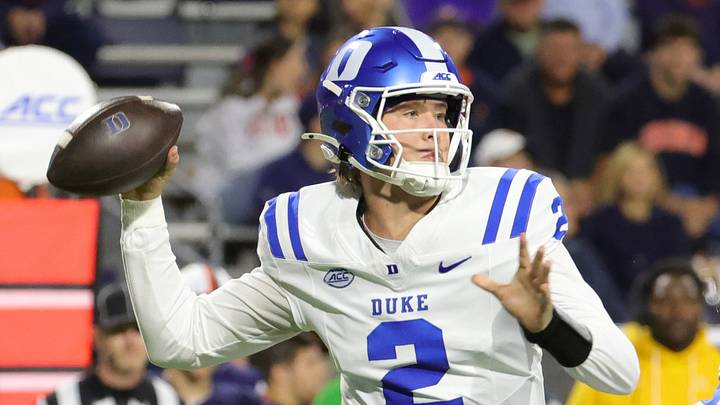 Oct 23, 2026; Charlottesville, Virginia, USA; Duke Blue Devils quarterback Walker Eget (2) throws the ball against the Virginia Cavaliers during the first half at Scott Stadium. Mandatory Credit: Amber Searls-Imagn Images Oct 23, 2026; Charlottesville, Virginia, USA; Duke Blue Devils quarterback Walker Eget (2) throws the ball against the Virginia Cavaliers during the first half at Scott Stadium. Mandatory Credit: Amber Searls-Imagn Images