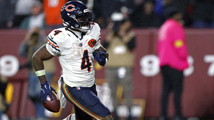Oct 13, 2025; Landover, Maryland, USA; Chicago Bears running back D'Andre Swift (4) scores a touchdown during the fourth quarter against the Washington Commanders at Northwest Stadium.