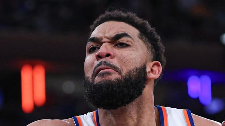 New York Knicks center Karl-Anthony Towns (32) reacts during the fourth quarter of the 2026 NBA Playoffs against the Atlanta Hawks at Madison Square Garden, Apr 18, 2026.