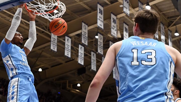 Mar 7, 2026; Durham, North Carolina, USA; North Carolina Tar Heels forward Jarin Stevenson (15) dunks during the first half against the Duke Blue Devils at Cameron Indoor Stadium. Mandatory Credit: Rob Kinnan-Imagn Images