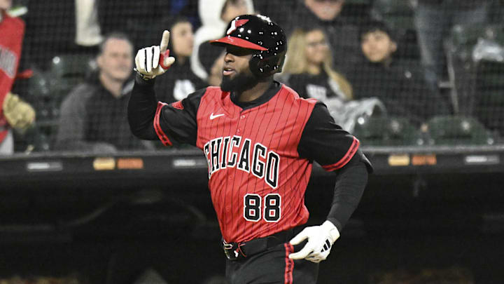 Chicago White Sox outfielder Luis Robert Jr. (88) celebrates after hitting a home run against the Houston Astros at Rate Field. 