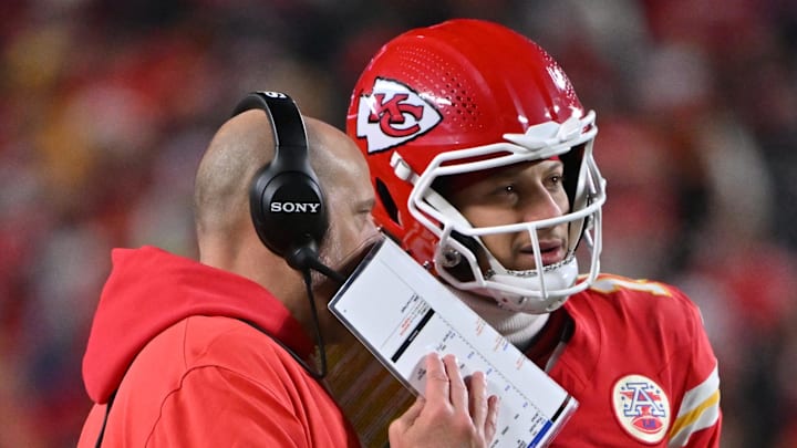 Dec 7, 2025; Kansas City, Missouri, USA; Kansas City Chiefs quarterback Patrick Mahomes (15) talks to Kansas City Chiefs offensive coordinator Matt Nagy during the second quarter against the Houston Texans at GEHA Field at Arrowhead Stadium. Mandatory Credit: Amy Kontras-Imagn Images Dec 7, 2025; Kansas City, Missouri, USA; Kansas City Chiefs quarterback Patrick Mahomes (15) talks to Kansas City Chiefs offensive coordinator Matt Nagy during the second quarter against the Houston Texans at GEHA Field at Arrowhead Stadium. Mandatory Credit: Amy Kontras-Imagn Images