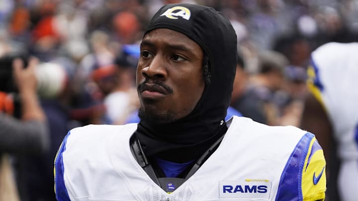 Sep 29, 2024; Chicago, Illinois, USA; Los Angeles Rams wide receiver Tutu Atwell (5) in a game against the Chicago Bears at Soldier Field. Mandatory Credit: David Banks-Imagn Images