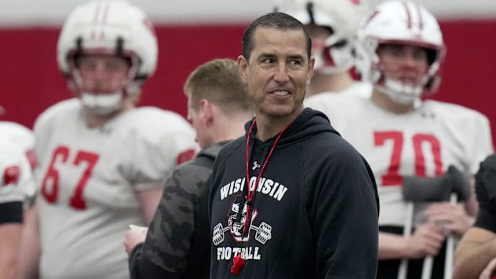 Wisconsin head football coach Luke Fickell is shown during spring football practice Thursday, April 3, 2025 in Madison, Wisconsin. Mark Hoffman/Milwaukee Journal Sentinel