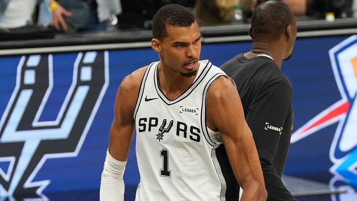 May 24, 2026; San Antonio, Texas, USA;  San Antonio Spurs center Victor Wembanyama (1) reacts after the second quarter against the Oklahoma City Thunder during game four of the western conference finals for the 2026 NBA playoffs at Frost Bank Center. Mandatory Credit: Scott Wachter-Imagn Images