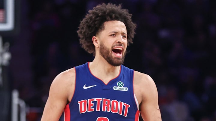 Apr 19, 2025; New York, New York, USA; Detroit Pistons guard Cade Cunningham (2) reacts after scoring against the New York Knicks in Game One of the First Round of the NBA Playoffs at Madison Square Garden. Mandatory Credit: Wendell Cruz-Imagn Images