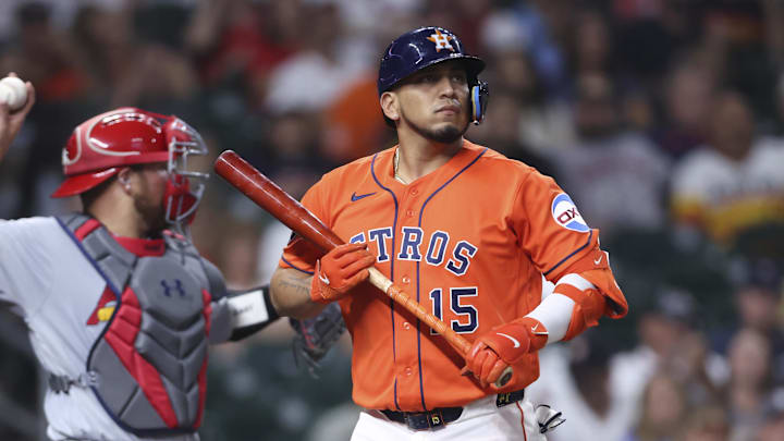 Apr 17, 2026; Houston, Texas, USA; Houston Astros third baseman Isaac Paredes (15) reacts after striking out during the fourth inning against the St. Louis Cardinals at Daikin Park. Mandatory Credit: Troy Taormina-Imagn Images