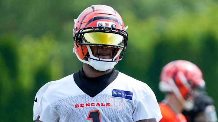 Cincinnati Bengals wide receiver Ja'Marr Chase (1) lines up wide during the second day of preseason training camp in downtown Cincinnati on Thursday, July 24, 2025. Cincinnati Bengals wide receiver Ja'Marr Chase (1) lines up wide during the second day of preseason training camp in downtown Cincinnati on Thursday, July 24, 2025.