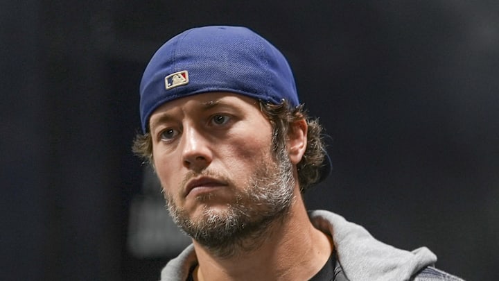 Jan 10, 2026; Charlotte, NC, USA;  Los Angeles Rams quarterback Matthew Stafford (9) walks into the stadium before the NFC Wild Card Round game against the Carolina Panthers at Bank of America Stadium. Mandatory Credit: Jim Dedmon-Imagn Images