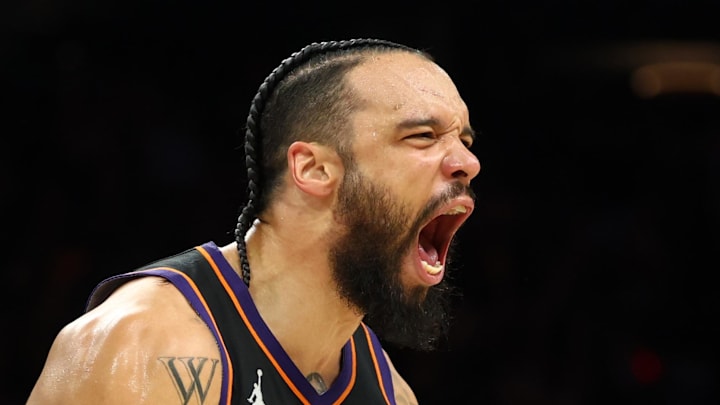 Apr 27, 2026; Phoenix, Arizona, USA; Phoenix Suns forward Dillon Brooks (3) celebrates a shot against the Oklahoma City Thunder in the second half during game four of the first round of the 2026 NBA Playoffs at Mortgage Matchup Center. Mandatory Credit: Mark J. Rebilas-Imagn Images