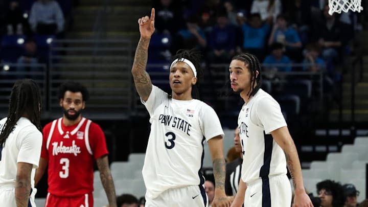 Penn State's Nick Kern Jr gestures toward the other end of the court after a free throw during the second half Wednesday night against Nebraska.
