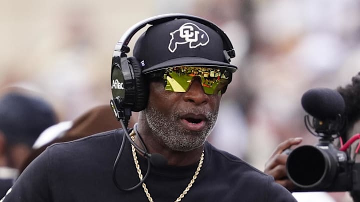 Sep 6, 2025; Boulder, Colorado, USA; Colorado Buffaloes head coach Deion Sanders during the second half against the Delaware Fightin Blue Hens at Folsom Field. Sep 6, 2025; Boulder, Colorado, USA; Colorado Buffaloes head coach Deion Sanders during the second half against the Delaware Fightin Blue Hens at Folsom Field.