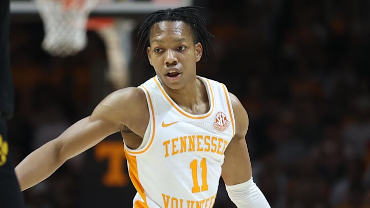 Feb 5, 2025; Knoxville, Tennessee, USA; Tennessee Volunteers guard Jordan Gainey (11) moves the ball against the Missouri Tigers during the first half at Thompson-Boling Arena at Food City Center. Mandatory Credit: Randy Sartin-Imagn Images