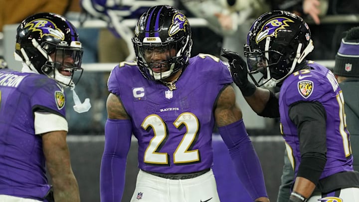 Jan 11, 2025; Baltimore, Maryland, USA; Baltimore Ravens running back Derrick Henry (22) celebrates with wide receiver Nelson Agholor (15) and quarterback Lamar Jackson (8) after scoring a touchdown against the Pittsburgh Steelers in the third quarter in an AFC wild card game at M&T Bank Stadium. Mandatory Credit: Mitch Stringer-Imagn Images Jan 11, 2025; Baltimore, Maryland, USA; Baltimore Ravens running back Derrick Henry (22) celebrates with wide receiver Nelson Agholor (15) and quarterback Lamar Jackson (8) after scoring a touchdown against the Pittsburgh Steelers in the third quarter in an AFC wild card game at M&T Bank Stadium. Mandatory Credit: Mitch Stringer-Imagn Images