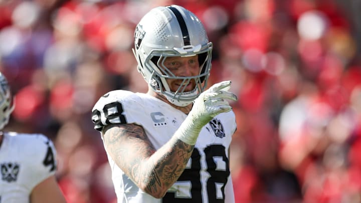 Dec 8, 2024; Tampa, Florida, USA; Las Vegas Raiders defensive end Maxx Crosby (98) celebrates after a sack against the Tampa Bay Buccaneers in the second quarter at Raymond James Stadium. Mandatory Credit: Nathan Ray Seebeck-Imagn Images