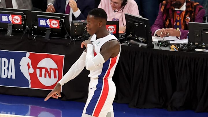 Apr 21, 2025; New York, New York, USA; Detroit Pistons guard Dennis Schroder (17) celebrates his three point shot against the New York Knicks during the fourth quarter of game two of the first round of the 2024 NBA Playoffs at Madison Square Garden. Mandatory Credit: Brad Penner-Imagn Images