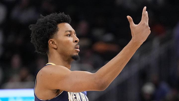 Feb 4, 2026; Milwaukee, Wisconsin, USA;  New Orleans Pelicans forward Trey Murphy III (25) gestures after scoring a basket during the third quarter against the Milwaukee Bucks at Fiserv Forum. Mandatory Credit: Jeff Hanisch-Imagn Images