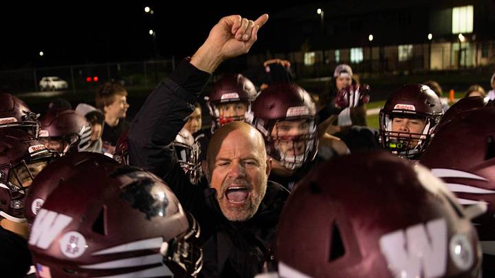 Willamette coach Josh Line, center, celebrates the win over Thurston Friday, Nov. 1, 2024. Willamette coach Josh Line, center, celebrates the win over Thurston Friday, Nov. 1, 2024.