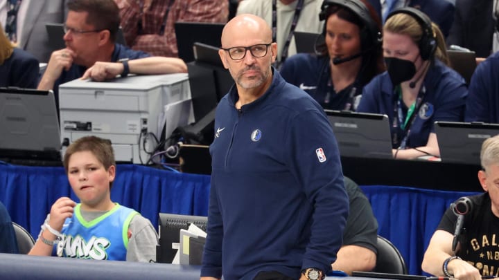 Jun 12, 2024; Dallas, Texas, USA; Dallas Mavericks head coach Jason Kidd looks on against the Boston Celtics during the first quarter during the first quarter of game three of the 2024 NBA Finals at American Airlines Center. Mandatory Credit: Kevin Jairaj-USA TODAY Sports
