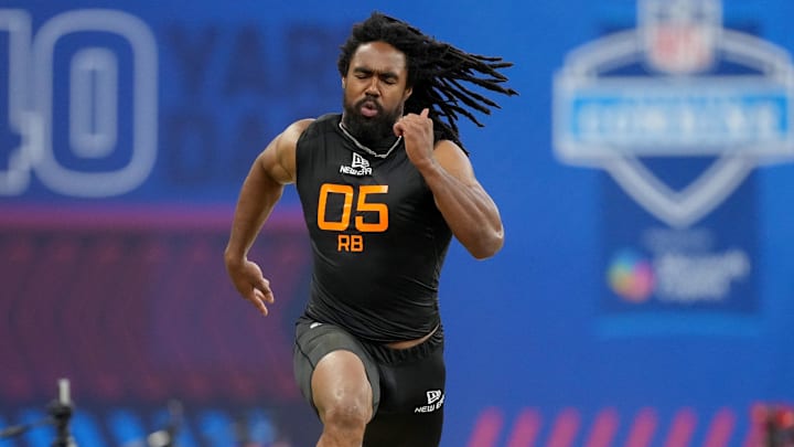 Mar 1, 2025; Indianapolis, IN, USA; Michigan running back Donovan Edwards (RB05) during the 2025 NFL Combine at Lucas Oil Stadium. Mandatory Credit: Kirby Lee-Imagn Images