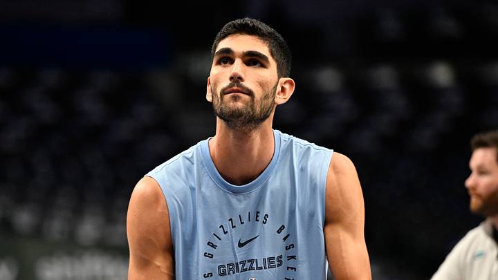Oct 7, 2024; Dallas, Texas, USA; Memphis Grizzlies forward Santi Aldama (7) warms up before the game between the Dallas Mavericks and the Memphis Grizzlies at the American Airlines Center. Mandatory Credit: Jerome Miron-Imagn Images