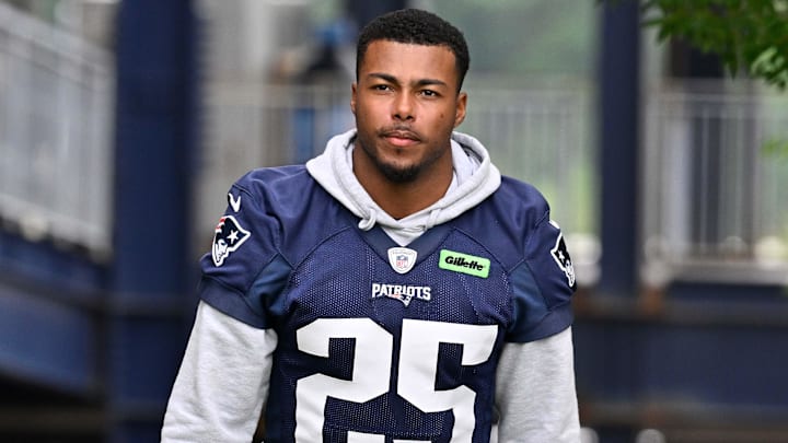 Jun 9, 2025; Foxborough, MA, USA; New England Patriots cornerback Marcus Jones (25) walks to the practice fields at Gillette Stadium. Mandatory Credit: Eric Canha-Imagn Images