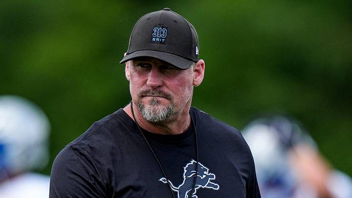 Detroit Lions head coach Dan Campbell watches practice during mini camp at Allen Park Performance Center