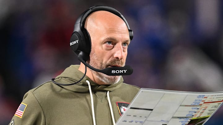 Nov 2, 2025; Orchard Park, New York, USA; Kansas City Chiefs offensive coordinator Matt Nagy looks on during the third quarter against the Buffalo Bills at Highmark Stadium. Mandatory Credit: Mark Konezny-Imagn Images