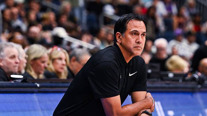 Oct 3, 2026; Quebec City, Quebec, CAN;  Miami Heat head coach Erik Spoelstra tracks the play against the Toronto Raptors during the first quarter at Videotron Centre.  Mandatory Credit: David Kirouac-Imagn Images