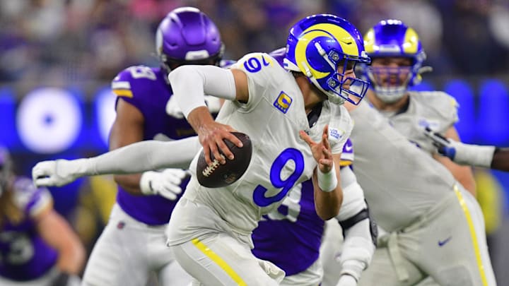 Oct 24, 2024; Inglewood, California, USA; Los Angeles Rams quarterback Matthew Stafford (9) runs the ball against the Minnesota Vikings during the first half at SoFi Stadium. Mandatory Credit: Gary A. Vasquez-Imagn Images