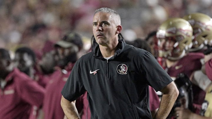 Oct 5, 2024; Tallahassee, Florida, USA; Florida State Seminoles head coach Mike Norvell during the second half against the Clemson Tigers at Doak S. Campbell Stadium. Mandatory Credit: Melina Myers-Imagn Images Oct 5, 2024; Tallahassee, Florida, USA; Florida State Seminoles head coach Mike Norvell during the second half against the Clemson Tigers at Doak S. Campbell Stadium. Mandatory Credit: Melina Myers-Imagn Images