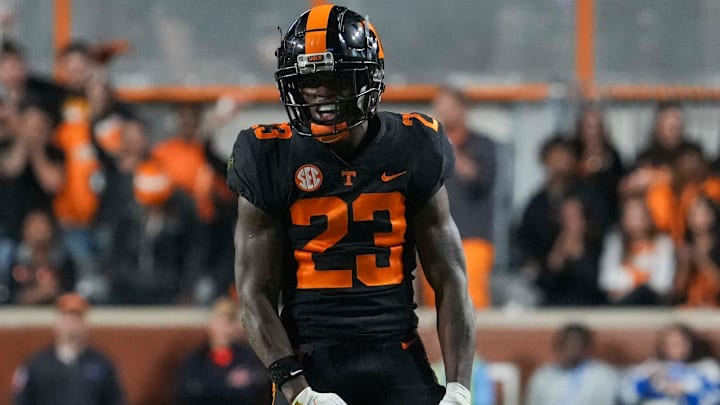 Tennessee defensive back Boo Carter (23) celebrates after a tackle during a NCAA football game between Tennessee and Kentucky in Neyland Stadium on Saturday, Nov. 2, 2024. Tennessee defensive back Boo Carter (23) celebrates after a tackle during a NCAA football game between Tennessee and Kentucky in Neyland Stadium on Saturday, Nov. 2, 2024.