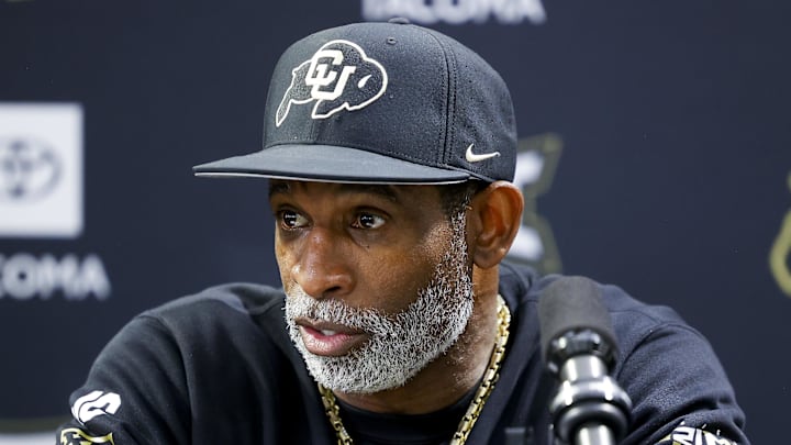 Apr 4, 2025; Boulder, CO, USA; Colorado Buffaloes head coach Deion Sanders speaks to the media at the University of Colorado NFL Showcase at the CU Indoor Practice Facility. Mandatory Credit: Michael Ciaglo-Imagn Images Apr 4, 2025; Boulder, CO, USA; Colorado Buffaloes head coach Deion Sanders speaks to the media at the University of Colorado NFL Showcase at the CU Indoor Practice Facility. Mandatory Credit: Michael Ciaglo-Imagn Images