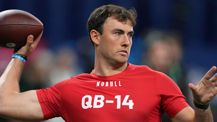 Former University of Houston quarterback Clayton Tune throws a pass at the 2023 Scouting Combine. Former University of Houston quarterback Clayton Tune throws a pass at the 2023 Scouting Combine.