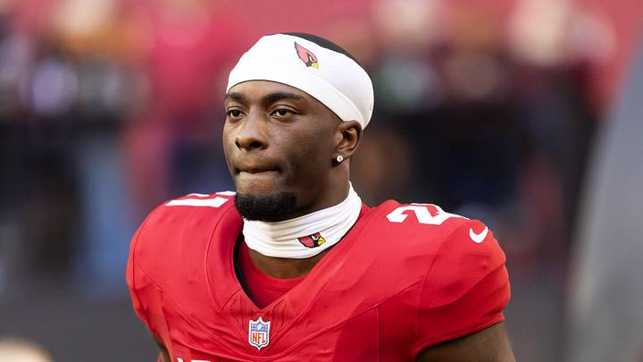 Dec 7, 2025; Glendale, Arizona, USA; Arizona Cardinals cornerback Garrett Williams (21) against the Los Angeles Rams at State Farm Stadium. Mandatory Credit: Mark J. Rebilas-Imagn Images