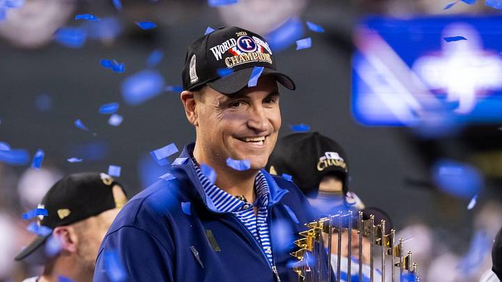 Nov 1, 2023; Phoenix, Arizona, USA; Texas Rangers general manager Chris Young celebrates with the trophy after winning the 2023 World Series in five game against the Arizona Diamondbacks at Chase Field. Mandatory Credit: Mark J. Rebilas-USA TODAY Sports