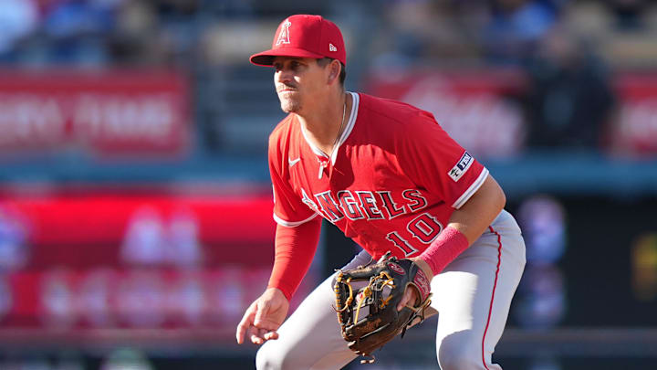 Mar 23, 2025; Los Angeles, California, USA; Los Angeles Angels shortstop Kevin Newman (10) against the Los Angeles Dodgers at Dodger Stadium. Mandatory Credit: Kirby Lee-Imagn Images Mar 23, 2025; Los Angeles, California, USA; Los Angeles Angels shortstop Kevin Newman (10) against the Los Angeles Dodgers at Dodger Stadium. Mandatory Credit: Kirby Lee-Imagn Images