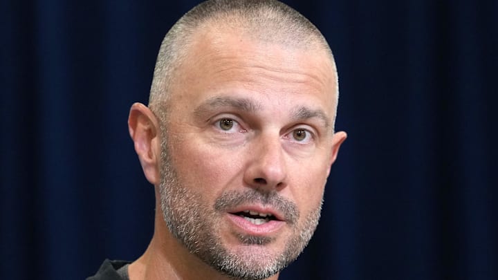 Feb 24, 2026; Indianapolis, IN, USA; Las Vegas Raiders general manager John Spytek speaks at the NFL Scouting Combine at the Indiana Convention Center. Mandatory Credit: Kirby Lee-Imagn Images Feb 24, 2026; Indianapolis, IN, USA; Las Vegas Raiders general manager John Spytek speaks at the NFL Scouting Combine at the Indiana Convention Center. Mandatory Credit: Kirby Lee-Imagn Images