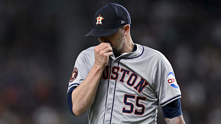 Aug 5, 2024; Arlington, Texas, USA; Houston Astros relief pitcher Ryan Pressly (55) walks off the field after he pitches against the Texas Rangers during the eighth inning at Globe Life Field